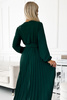 504-3 VIVIANA Plisowana sukienka midi z dekoltem, długim rękawkiem i szerokim paskiem - ZIELEŃ BUTELKOWA