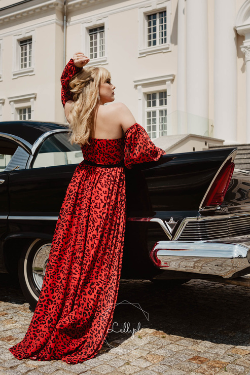 WYPOŻYCZENIE - sukienka CASIDEA czerwona panterka z bufiastymi rękawami