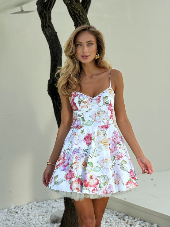 PRZYMIARKA - sukienka bawełniana mini FLORYY rozkloszowana z tiulem zwiększającym objętość - biała w kwiatki