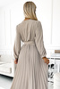504-2 VIVIANA Plisowana sukienka midi z dekoltem, długim rękawkiem i szerokim paskiem - BEŻOWA