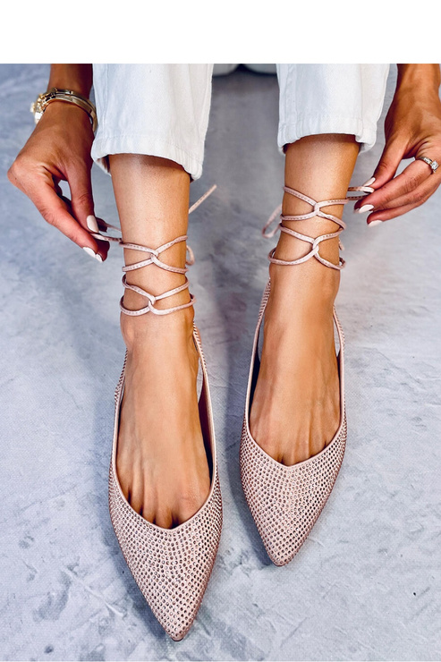 Baleriny z cyrkoniami odkrytą pięta VONDA NUDE - Inello - pudrowy róż wiązane