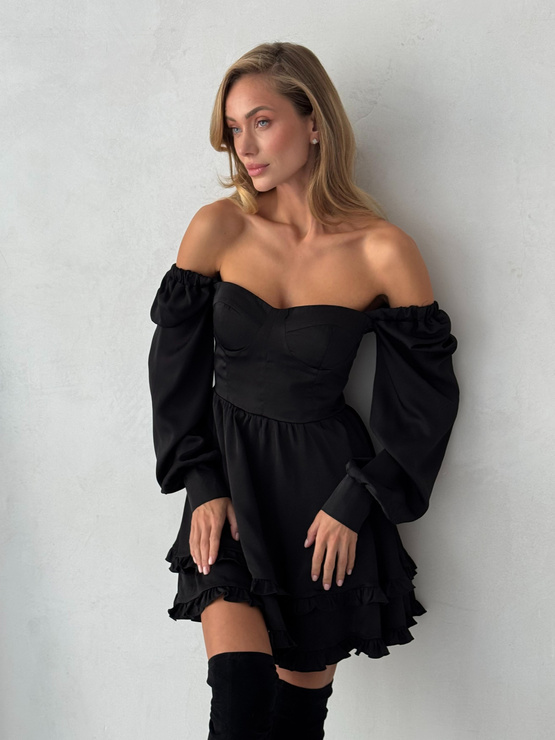 YOSEE EX - sukienka z falbankami mini rozkloszowana z długim rękawem - czarna