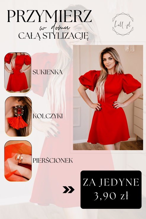 PRZYMIARKA - elegancka rozkloszowana sukienka LUX MINI - z krótkimi bufiastymi rękawami - czerwona