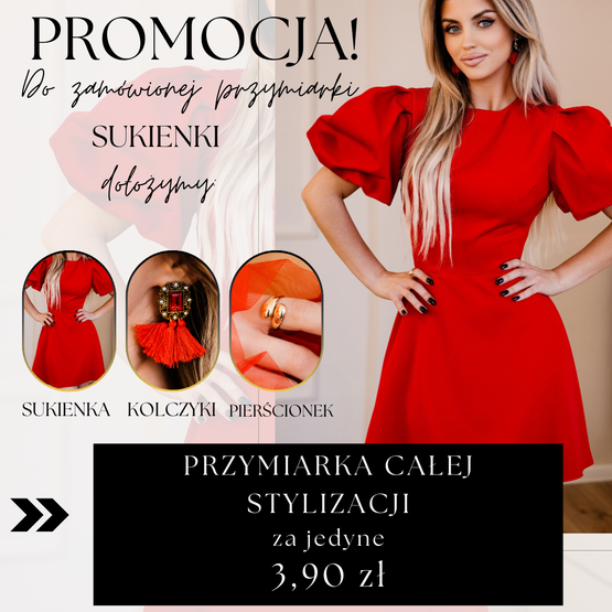 PRZYMIARKA - elegancka rozkloszowana sukienka LUX MINI - z krótkimi bufiastymi rękawami - czerwona