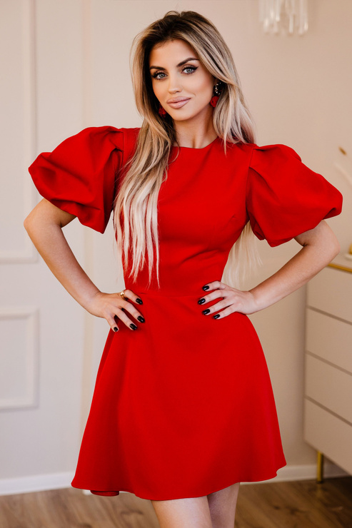 PRZYMIARKA - elegancka rozkloszowana sukienka LUX MINI - z krótkimi bufiastymi rękawami - czerwona