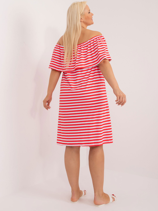 ANNABEL - sukienka mini hiszpanka w paski plus size - koralowo- biała