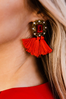 REVERIE RED - wiszące złote kolczyki z czerwonymi frędzelkami