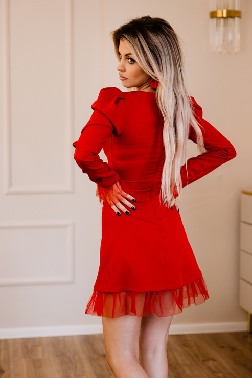 PRZYMIARKA - sukienka TRACE mini rozkloszowana z długim rękawem i wstawkami z tiulu - czerwona