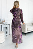 520-1 Plisowana szyfonowa długa sukienka z dekoltem, długim rękawkiem i szerokim paskiem - FIOLETOWE DUŻE KWIATY