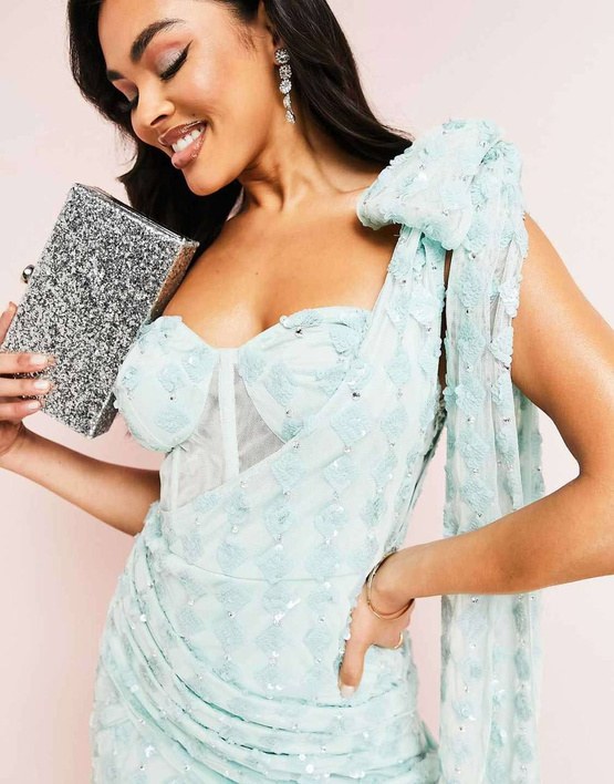 PRZYMIARKA - sukienka MINT MIRAGE mini, na ramiączkach, zdobiona kamieniami szlachetnymi i piórami - miętowa