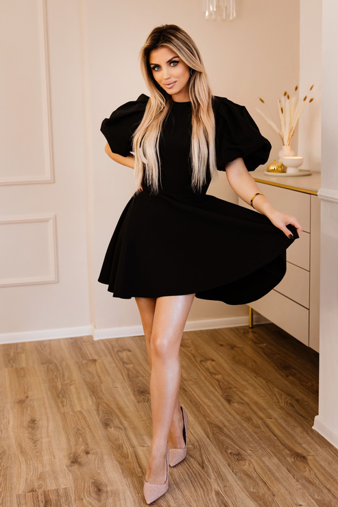 PRZYMIARKA - elegancka rozkloszowana sukienka LUX MINI - z krótkimi bufiastymi rękawami - czarna