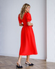 WYPOŻYCZENIE - sukienka MISSY rozkloszowana midi z bufiastymi rękawkami - czerwona koralowa