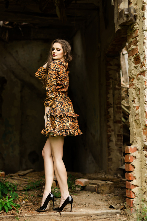 CHLOO sukienka panterka z lekko bufiastymi rękawami i falbankami