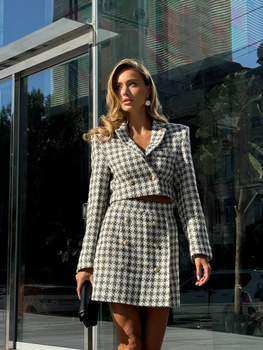 PRZYMIARKA - komplet garniturowy CHASEL marynarka i spódnica - śmietankowy w kratę