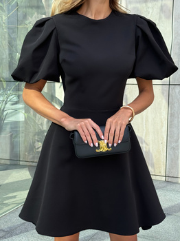 WYPOŻYCZENIE - elegancka rozkloszowana sukienka LUX MINI EX - z krótkimi bufiastymi rękawami - czarna