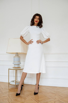 WYPOŻYCZENIE - sukienka LUXURYY EX elegancka rozkloszowana midi z bufiastymi rękawami, z zabudowanymi plecami - śmietanka