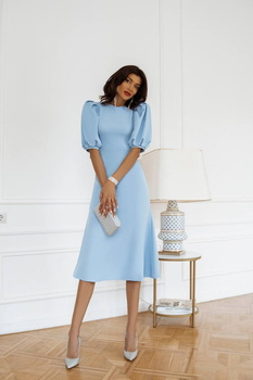 LUXURYY EX elegancka rozkloszowana sukienka midi z bufiastymi rękawami, z zabudowanymi plecami - błękitna
